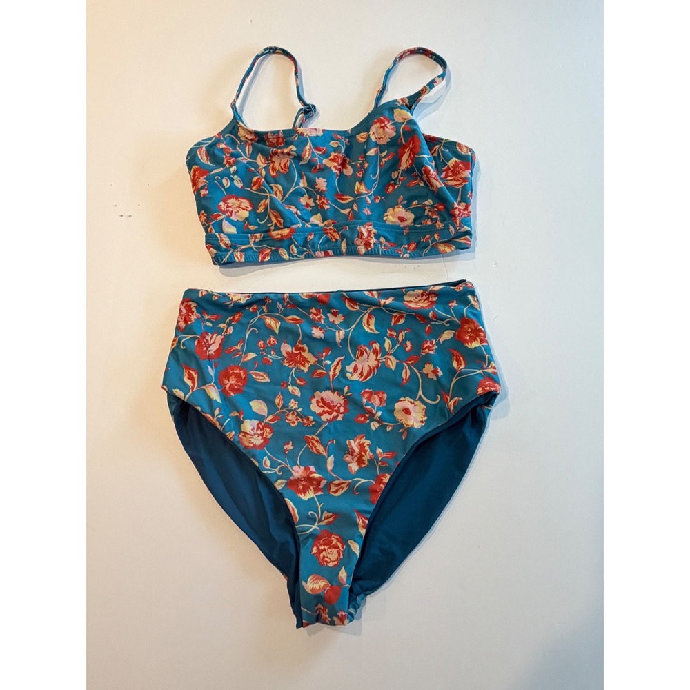 Floral High Waisted Bikini Set Teal Red Two Piece Swimsuit Size M Reversible